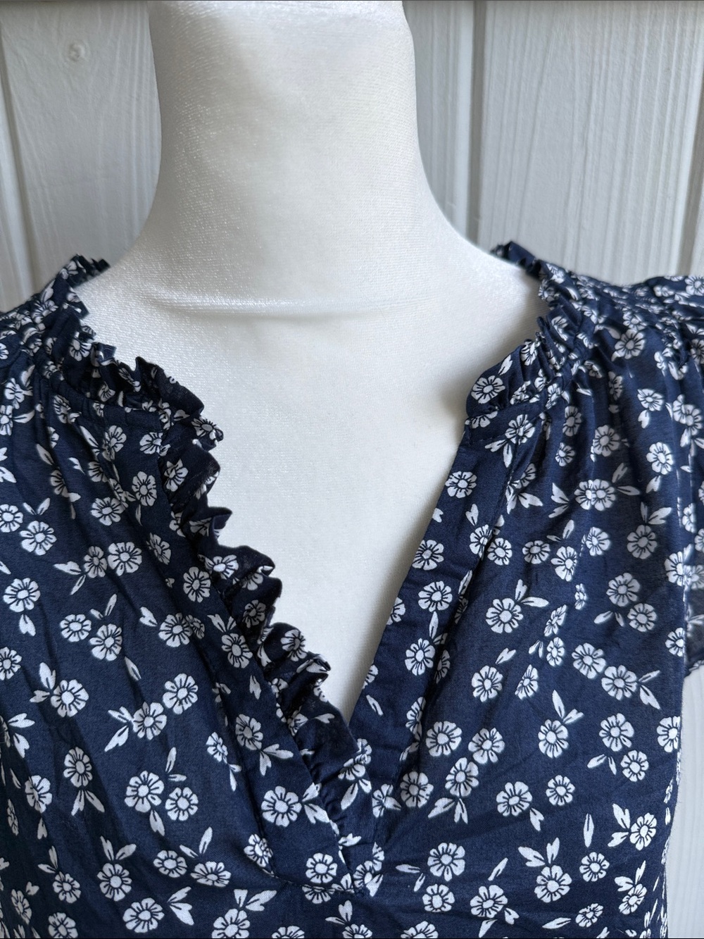 J. Crew Navy White Floral Ruffle V-Neck Blouse - Picture 3 of 5